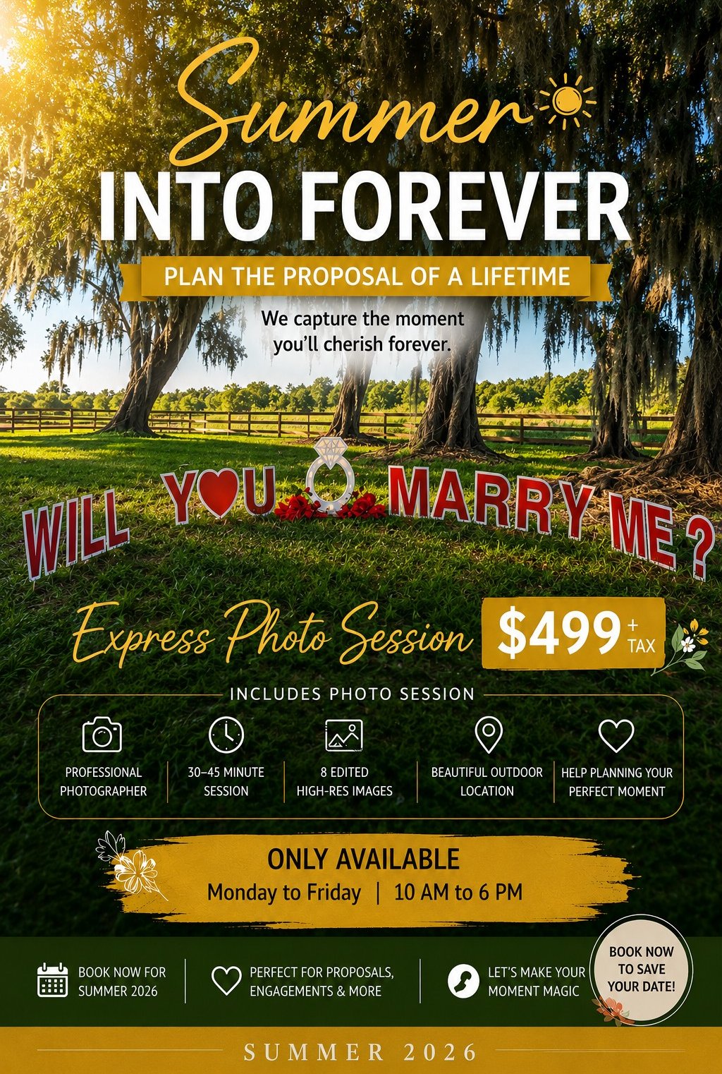 Orlando engagement proposal photography package and large Will You Marry Me sign.