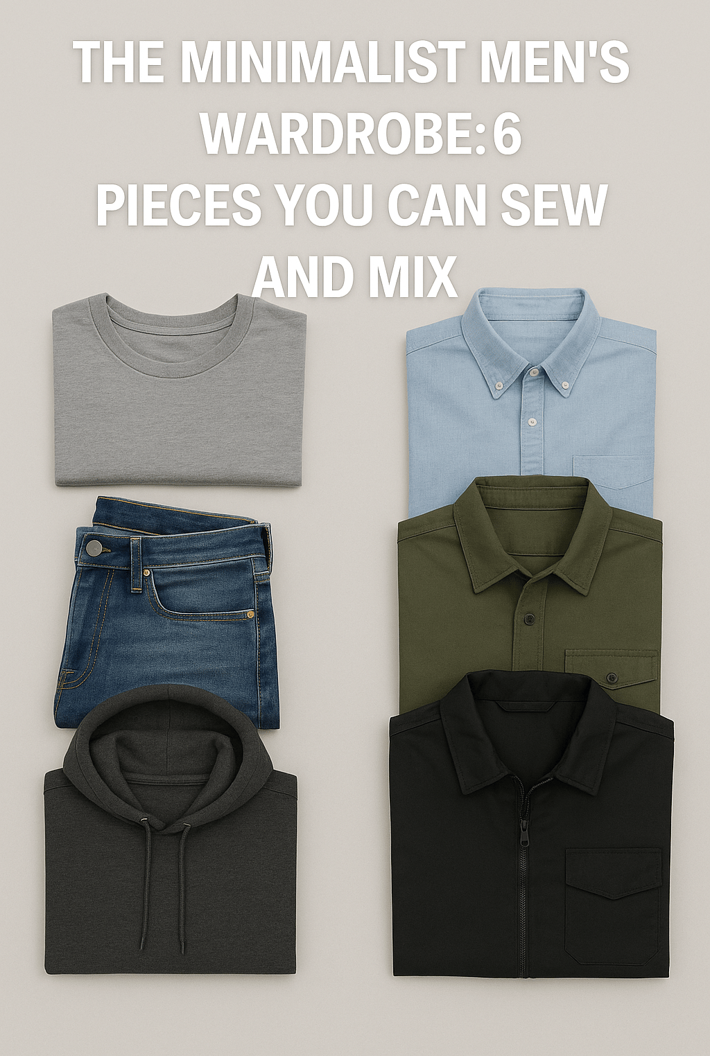 Six men’s wardrobe pieces folded in a neutral palette.