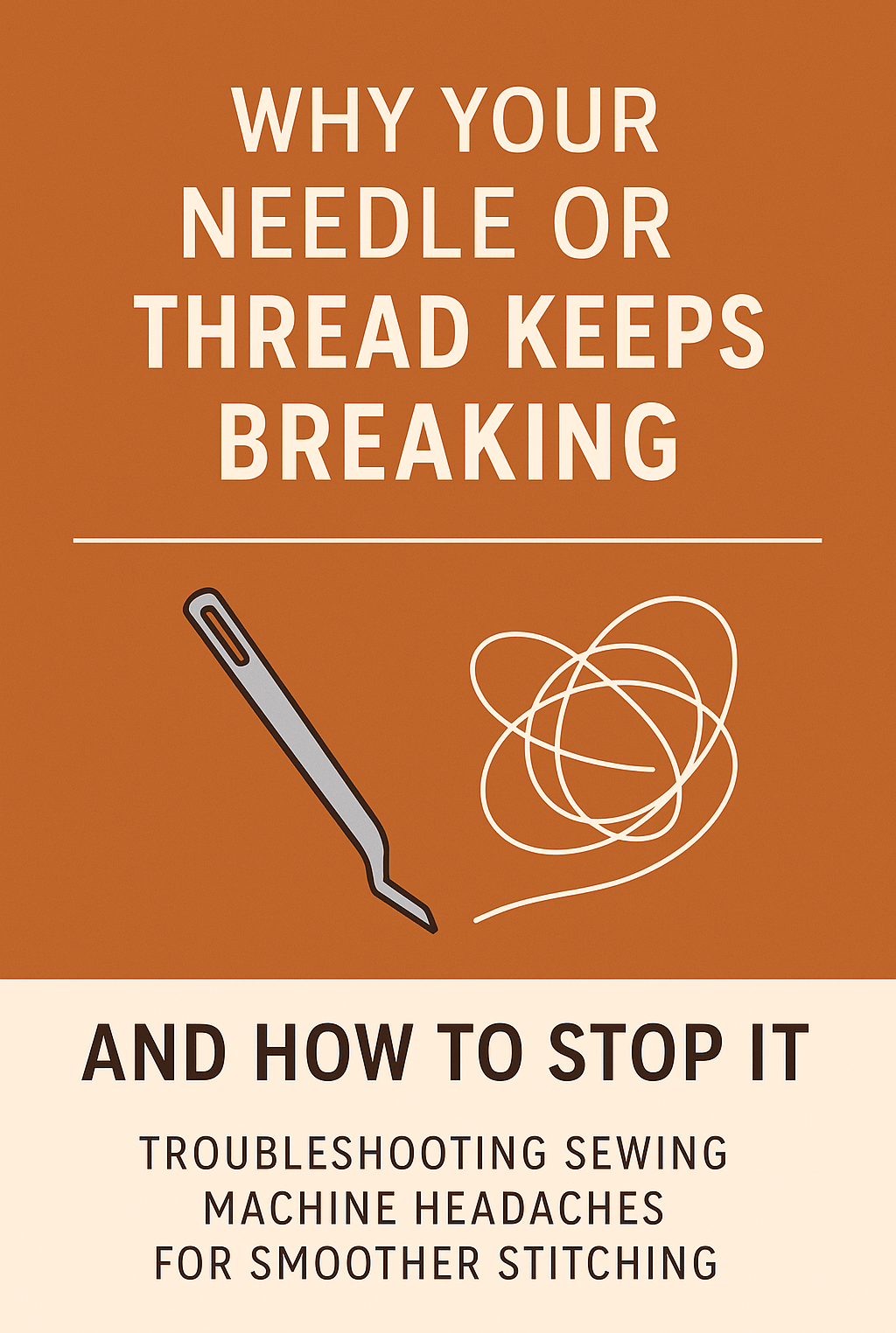 Daily sewing tip graphic with teal text on a light peach background, showing an illustration of a se