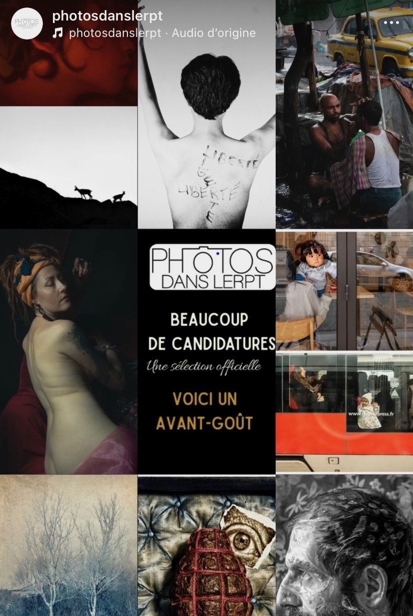 A photography portfolio grid featuring artistic black and white portraits, street scenes, and cinematic landscapes.