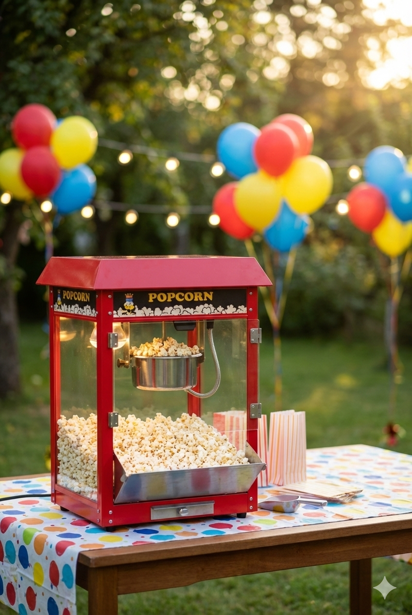 Raudonas retro stiliaus popcorn aparatas, pilnas šviežiai paruoštų spragėsių renginio užkandžiams