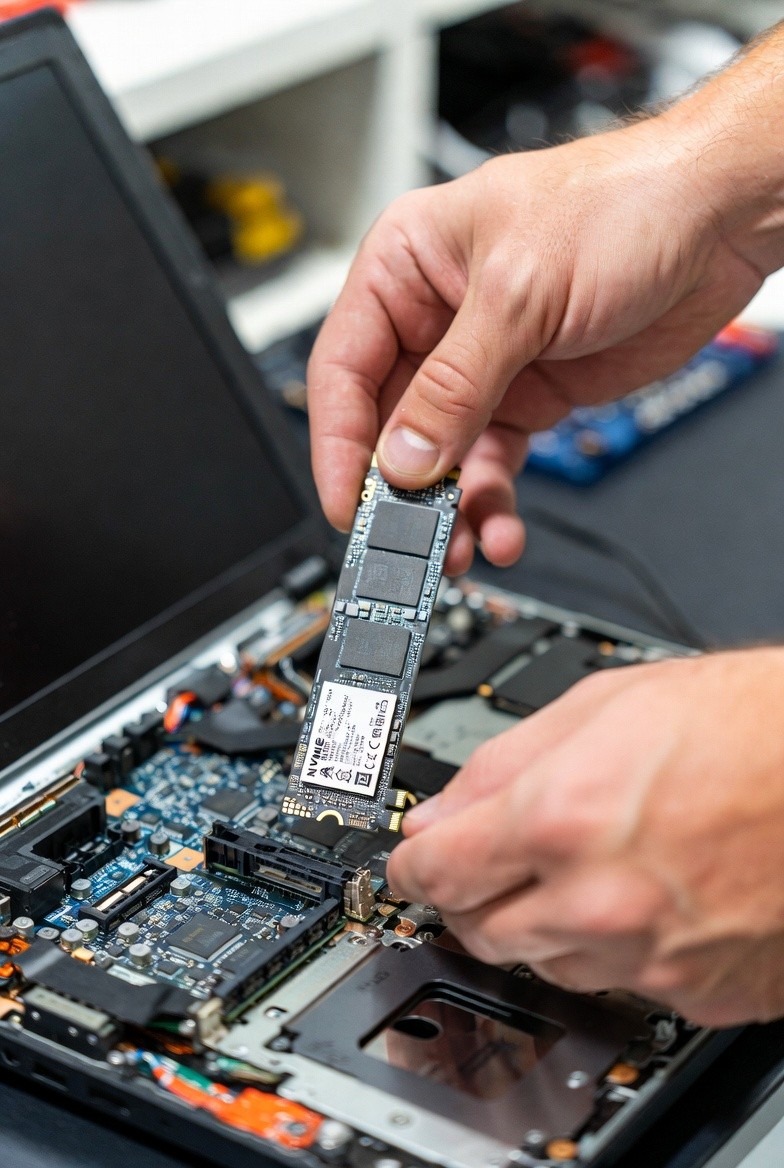 Homem trocando HDD por SSD para melhorar a performance do notebook.