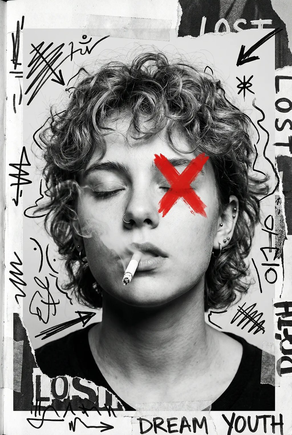 Black and white portrait of a person smoking with a red X over one eye and grunge collage art.