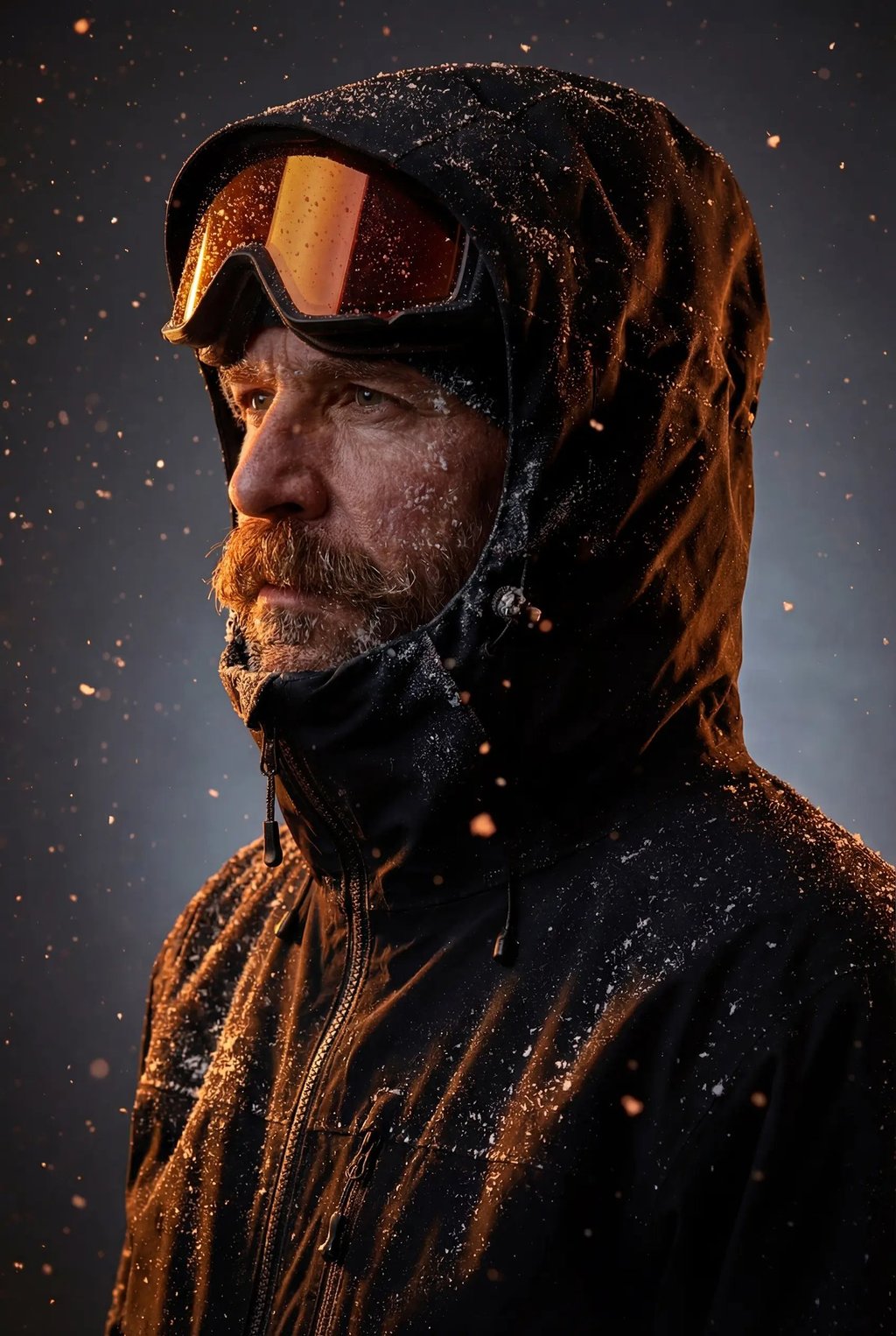Bearded man in a hooded winter jacket and ski goggles during a snowstorm.