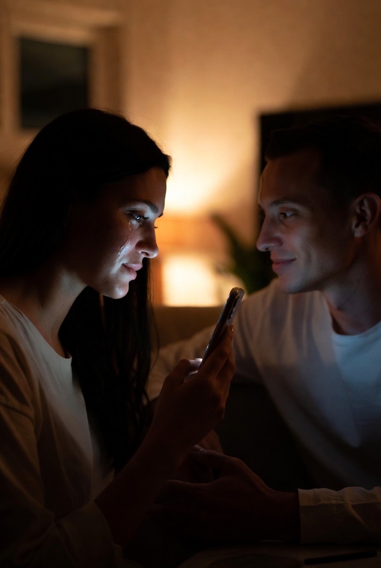A crying woman looking at a smartphone screen while a man comforts her in a dark room.