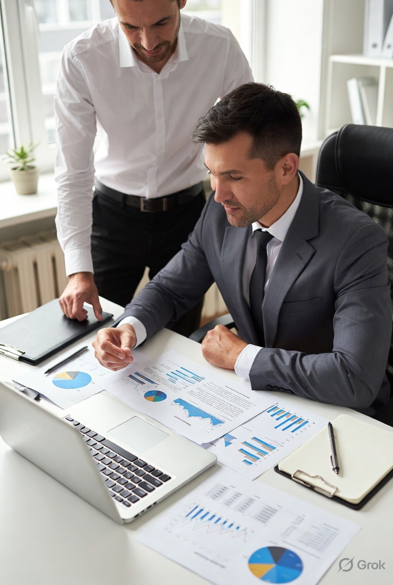 Two business professionals reviewing financial data charts and reports on a desk with a laptop.