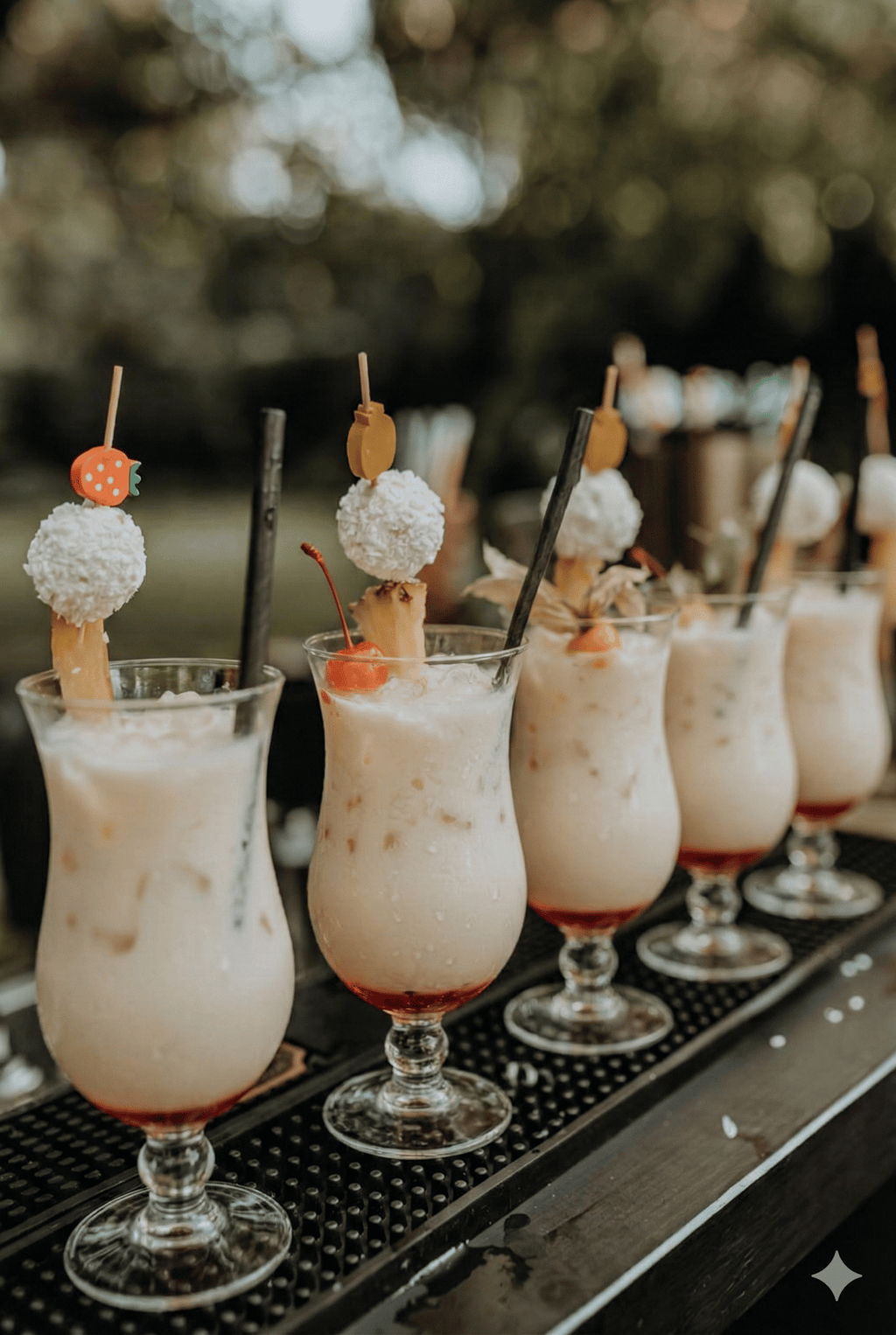 Tropical Pina Colada cocktails garnished with coconut balls and fruit skewers on a bar mat.