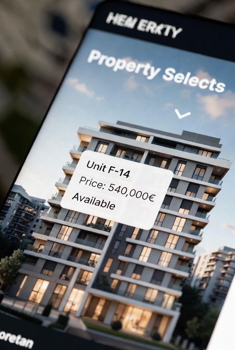 A mobile real estate app displaying a modern apartment building with a unit price of 540,000 euros.