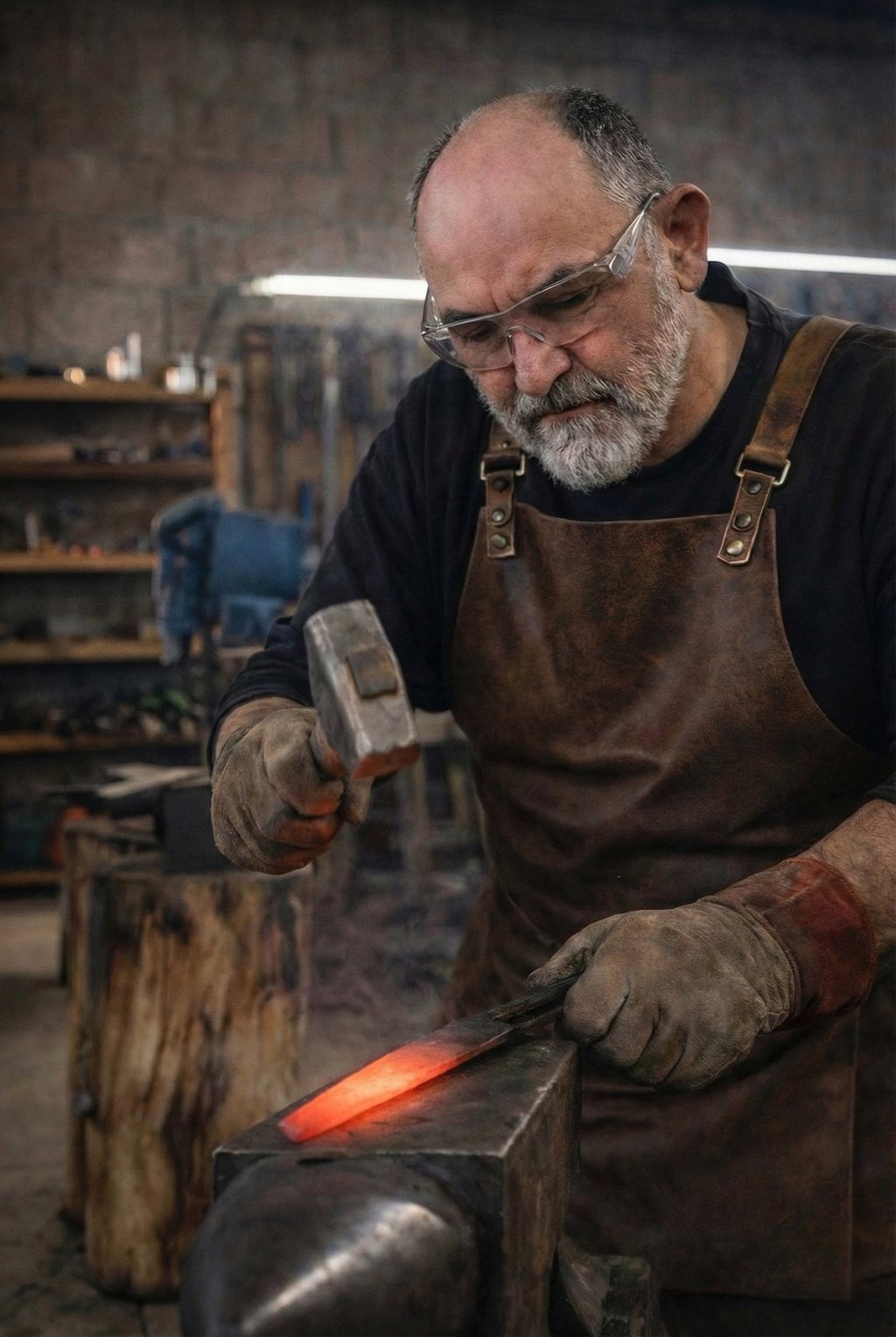 Grimoaldo al lavoro nella sua forgia, intento a battere il ferro incandescente sull'incudine