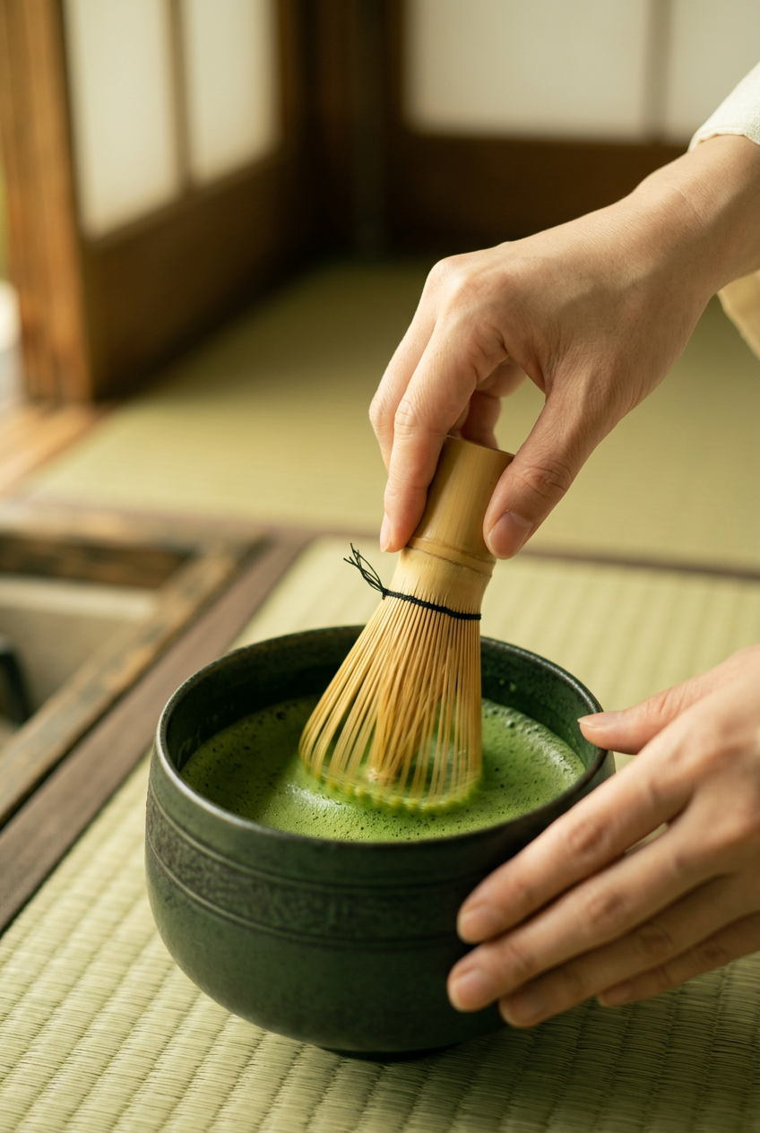 hands whisking matcha in ceramic bowl using bamboo chasen