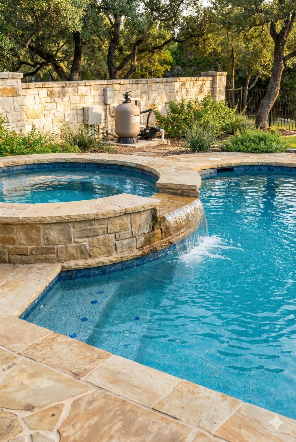 Residential pool and spa with shared circulation system.