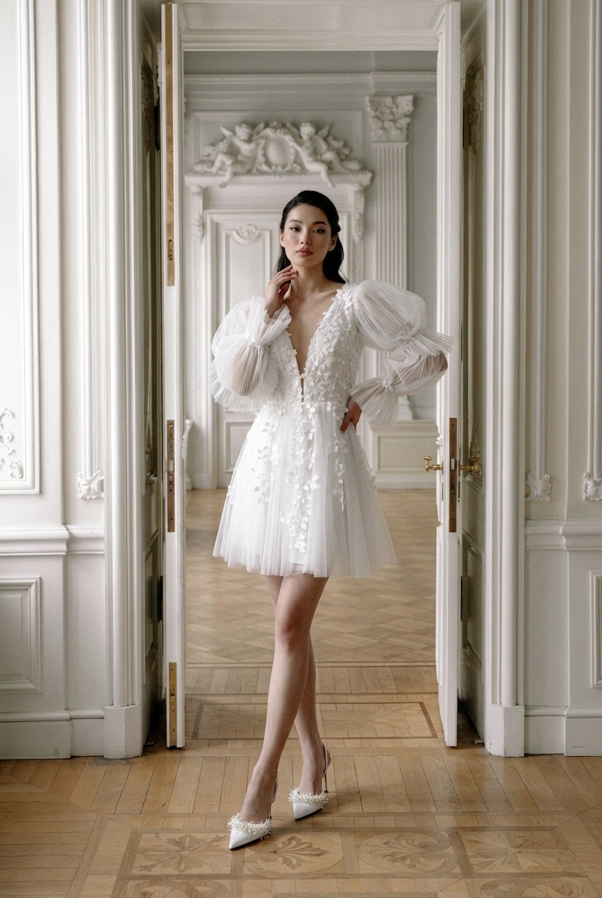 Elegant model wearing a short puff sleeve white bridal dress with floral lace in a luxury studio.