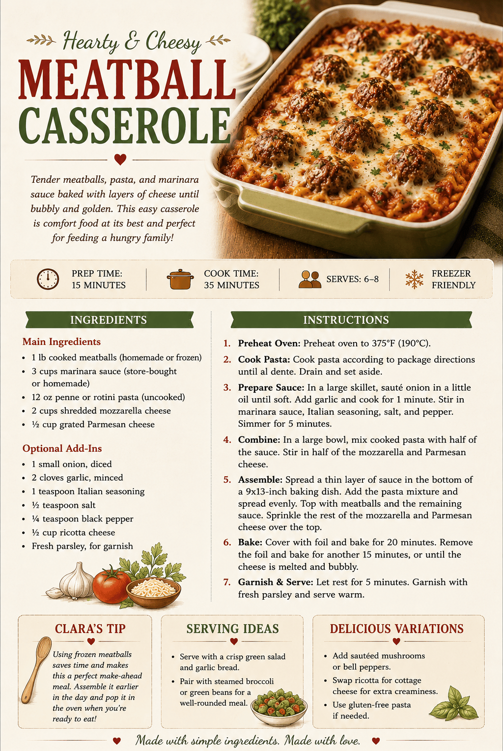 Recipe card for a cheesy meatball casserole with pasta, marinara sauce, and melted mozzarella cheese.
