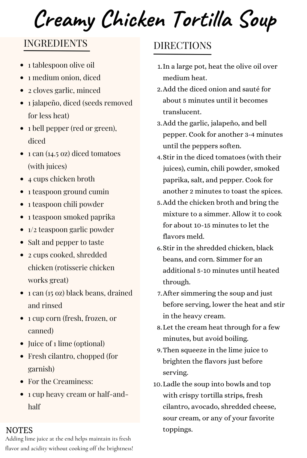 creamy tortilla soup recipe card