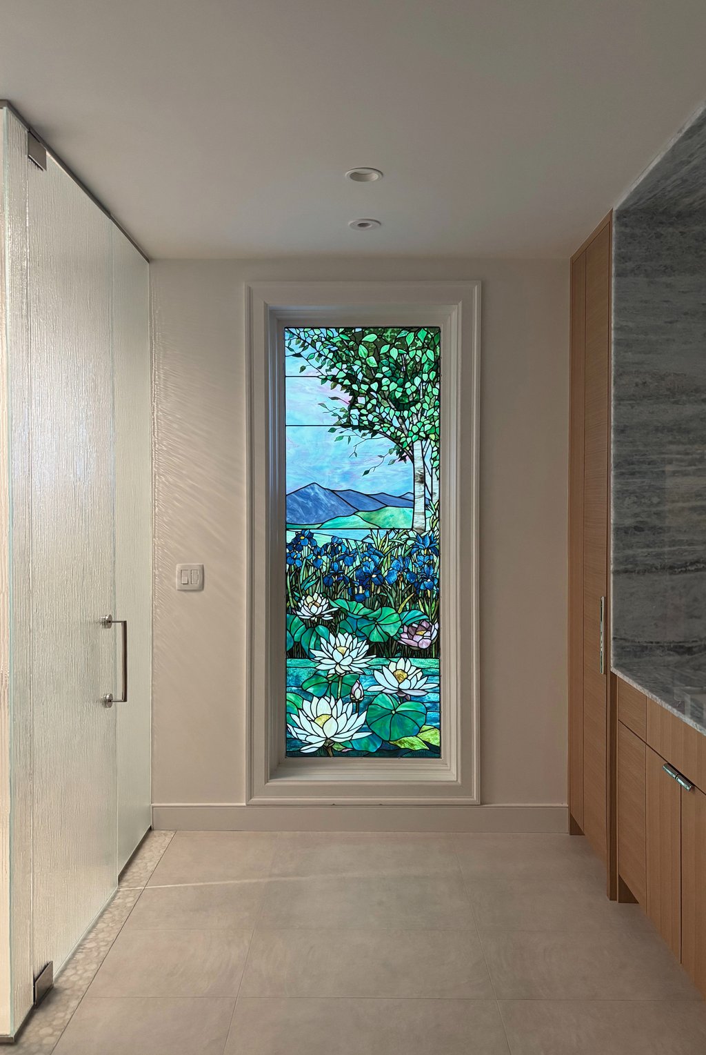 Stained glass window lights off, pure transmitted color, Jim Anderson, Erica Fossati Design Greater Boston