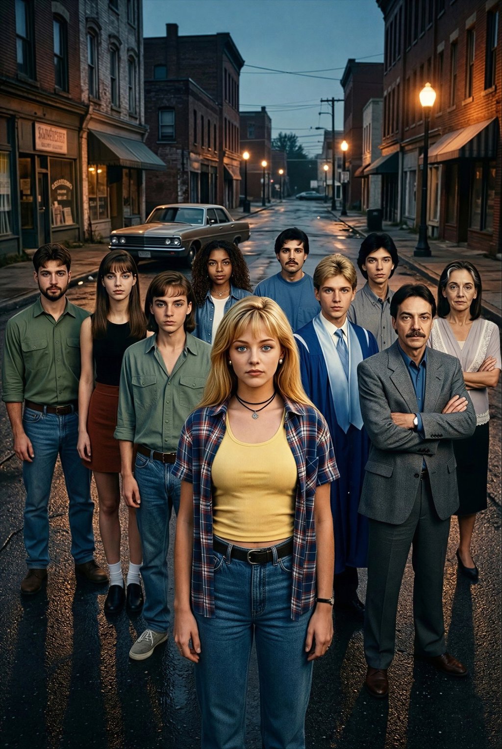 A diverse group of people standing on a 1980s style small town street at dusk with vintage cars.