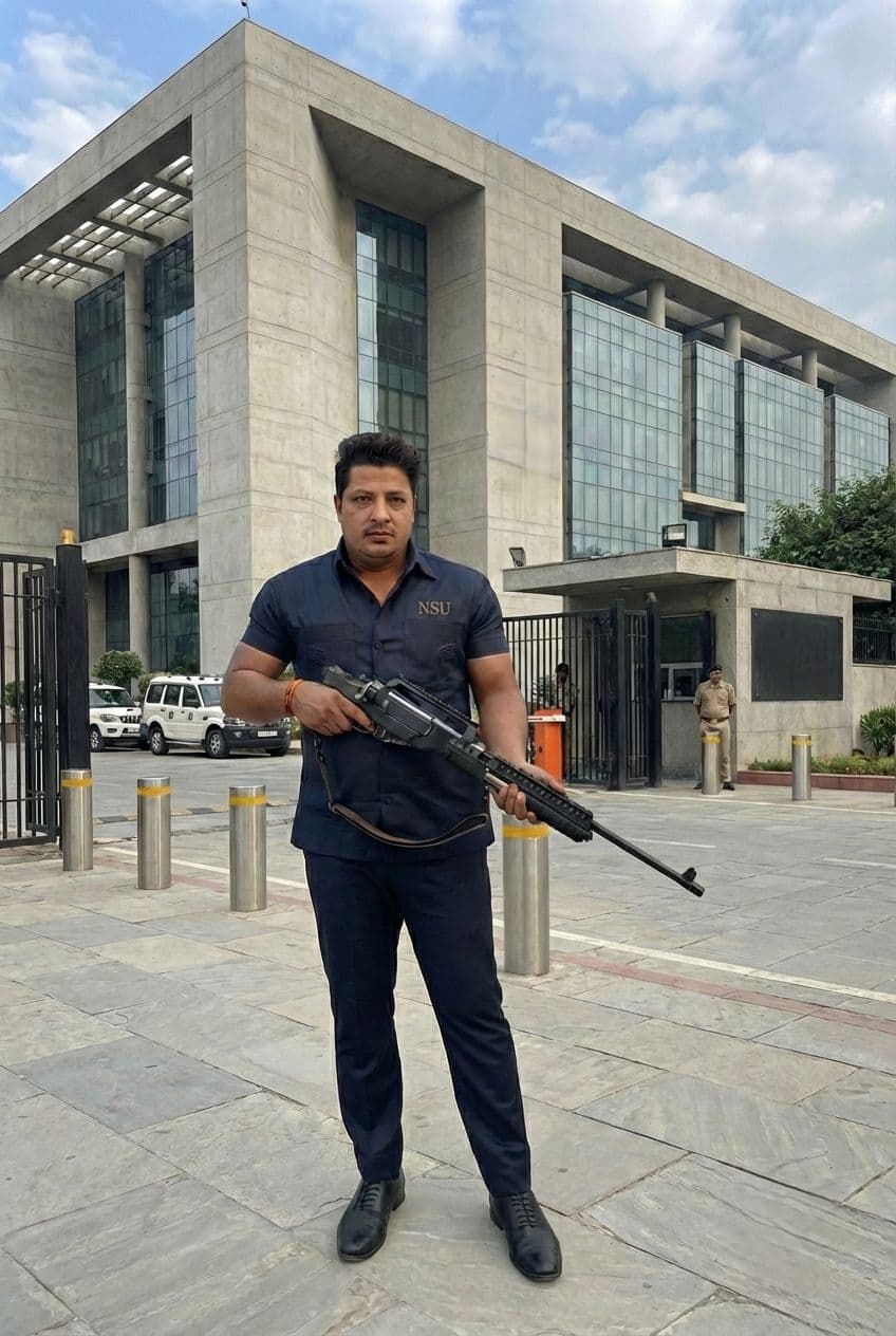 Elite Personal Security Officer (PSO) with a licensed firearm for executive protection in Delhi NCR.