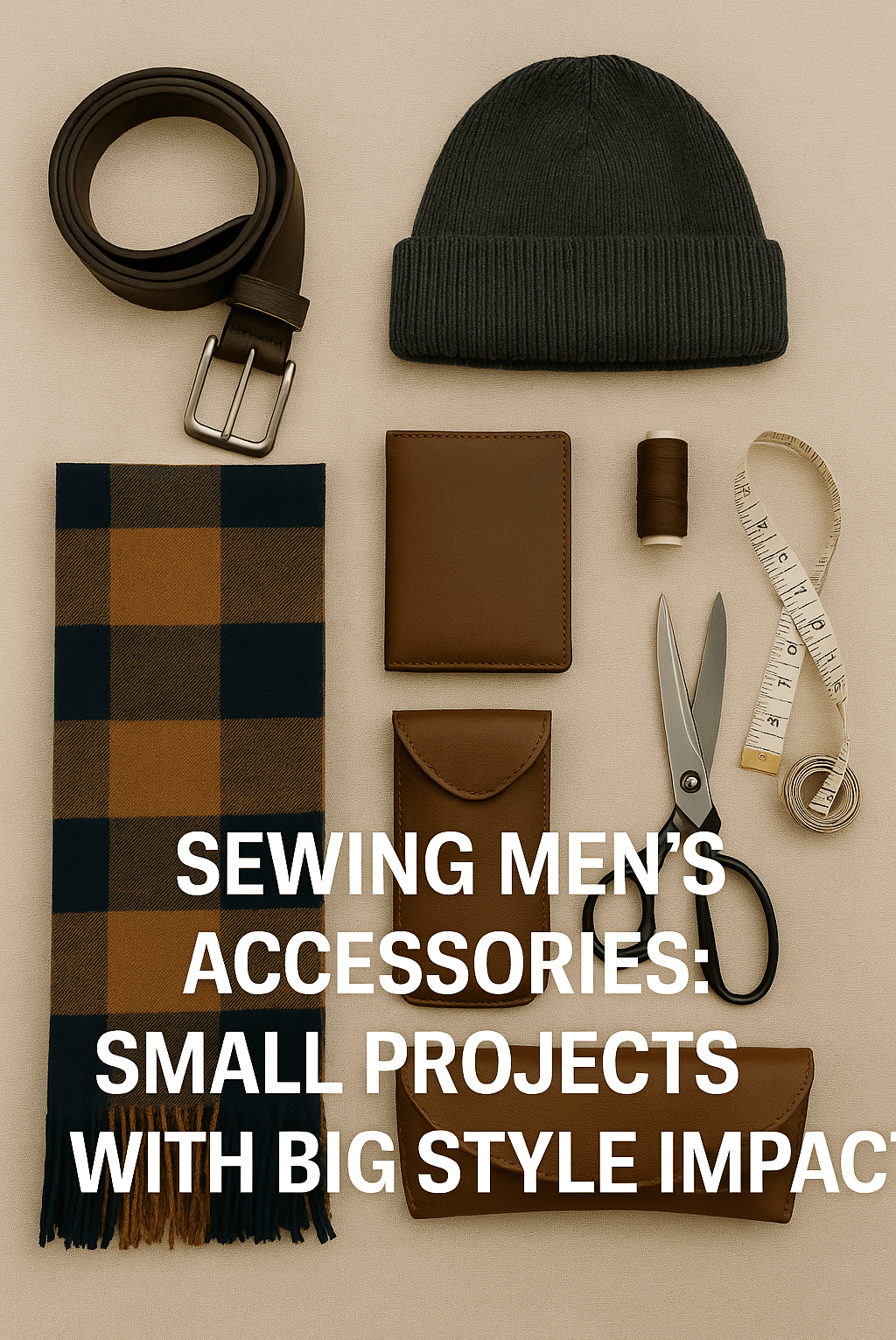 Flat lay of handmade men’s accessories—belt, scarf, hat, and wallet on sewing table.