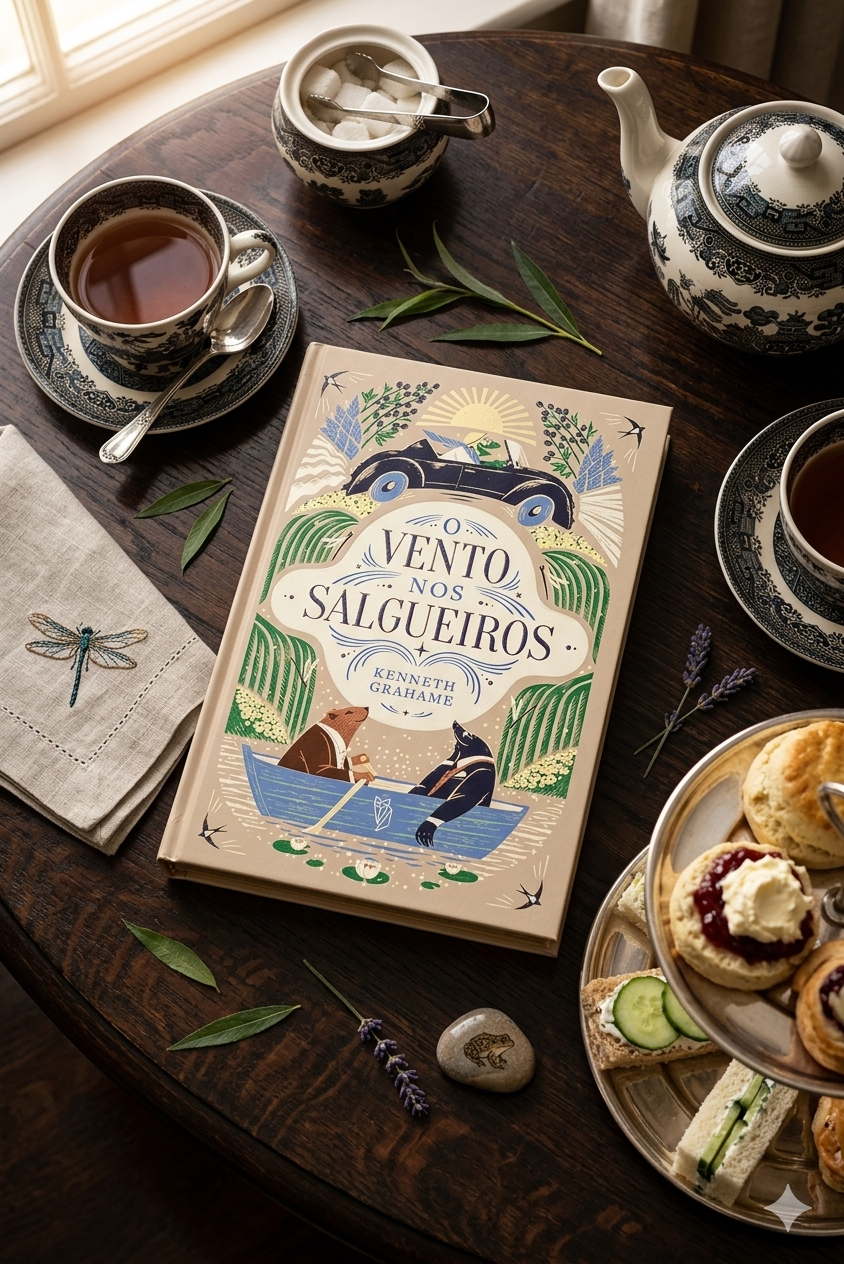 The Wind in the Willows book by Kenneth Grahame on a wooden table with afternoon tea, scones, and sandwiches.
