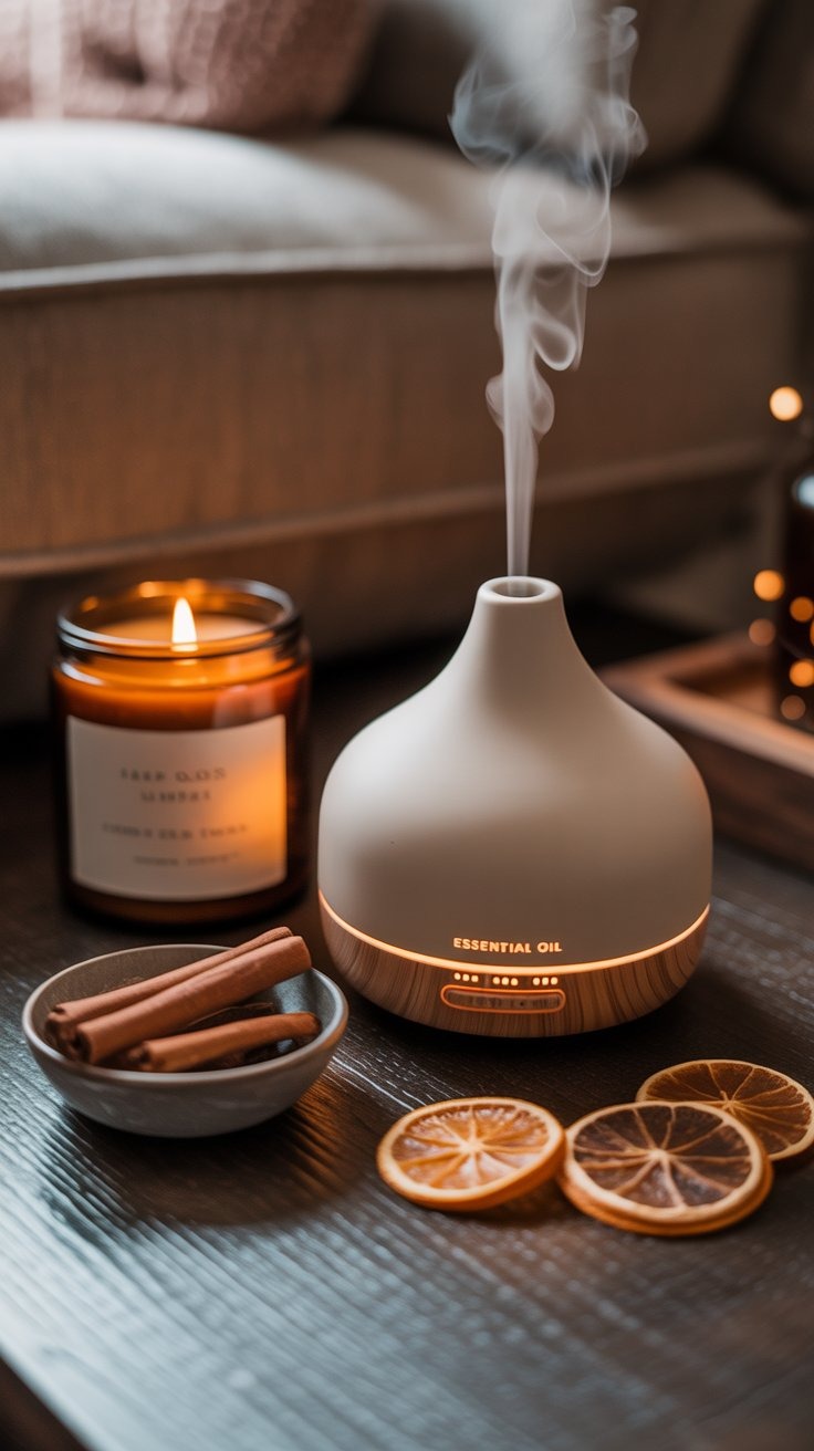 a diffuser with a candle and a candle on a table