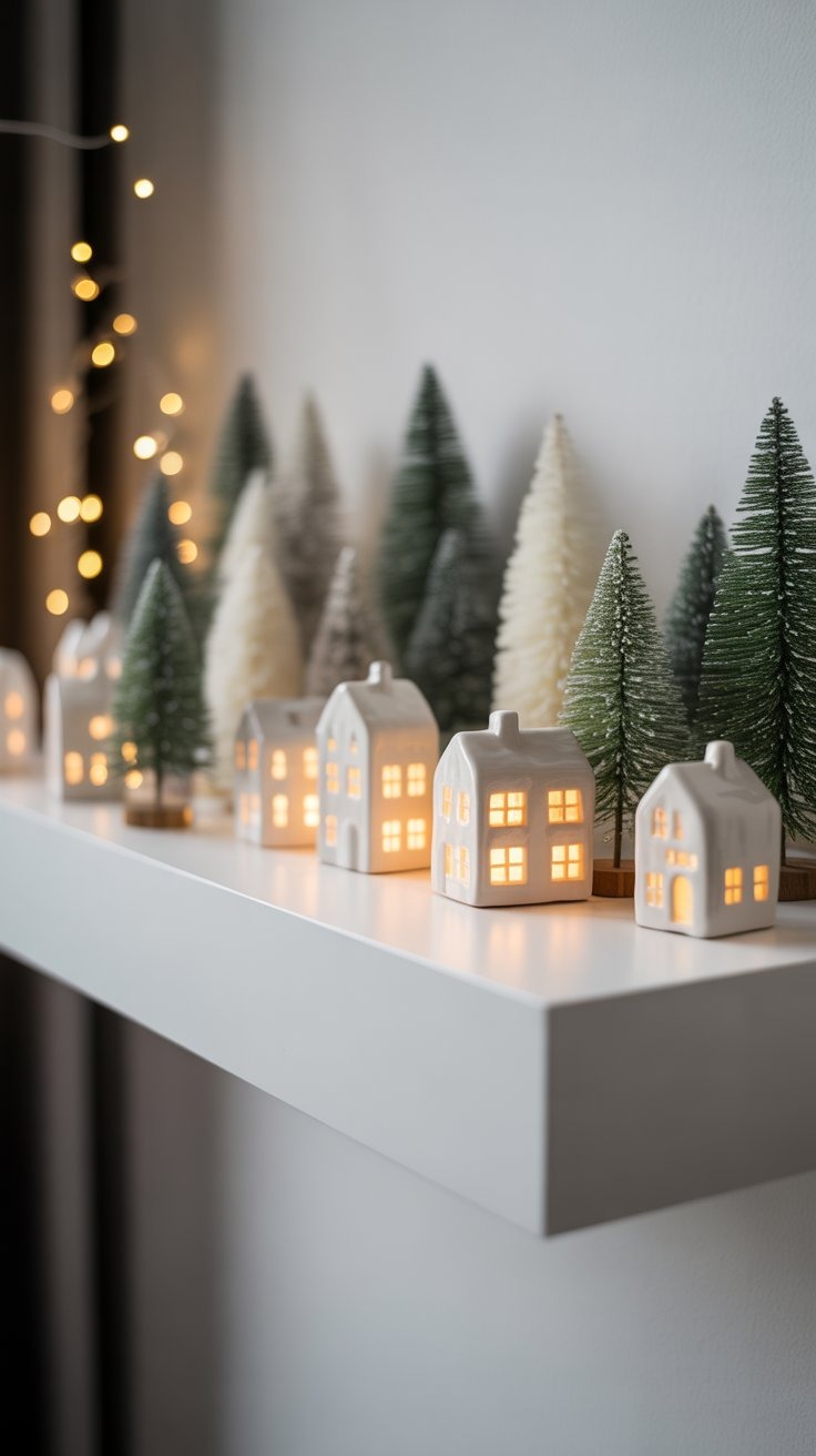 a row of small christmas trees on a shelf