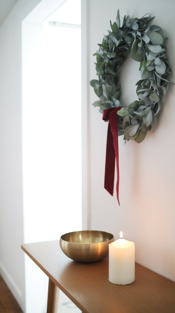 a candle with a candle and a wreath on a table