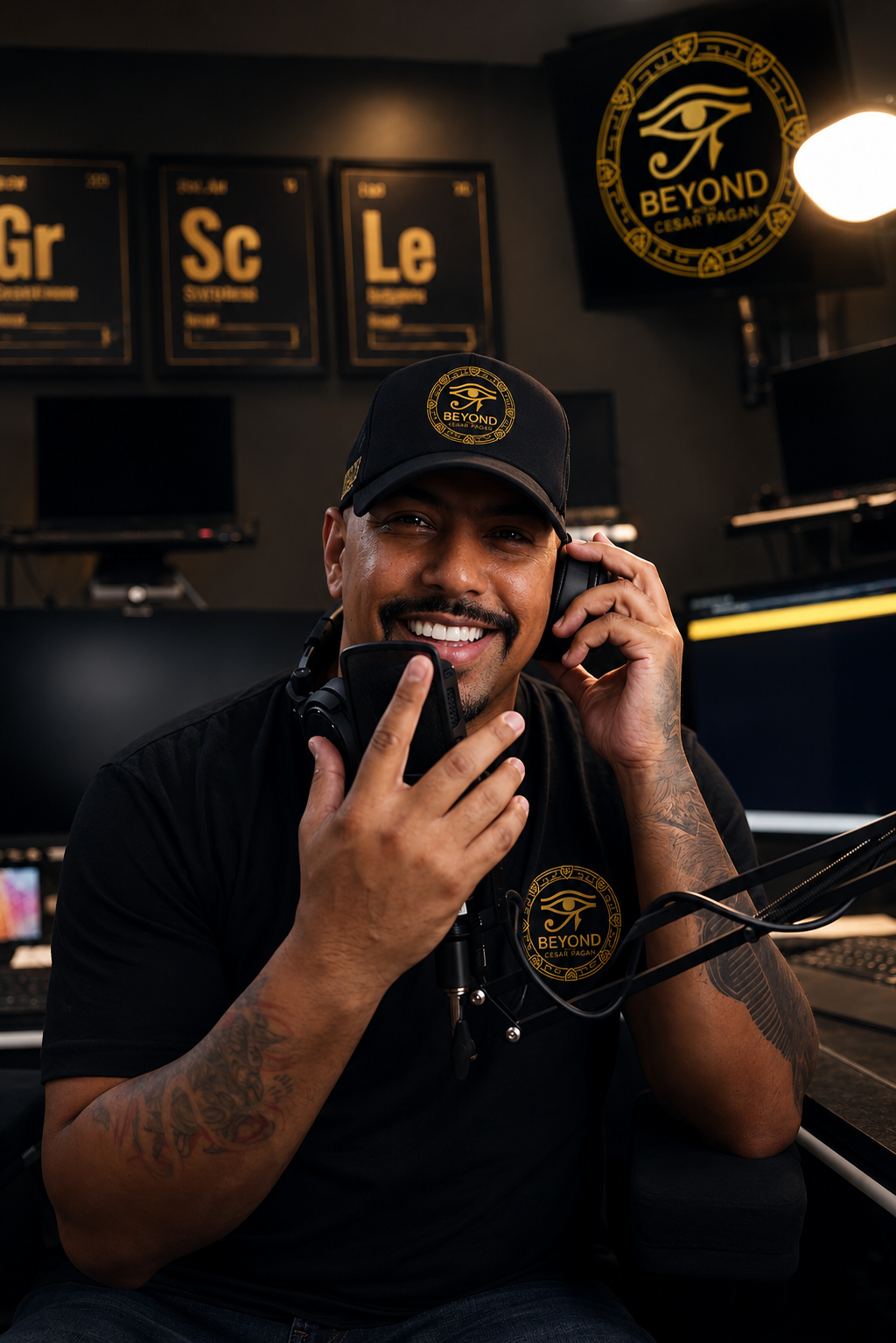 Cesar Pagan with mic and headphones, ready to explore a new episode