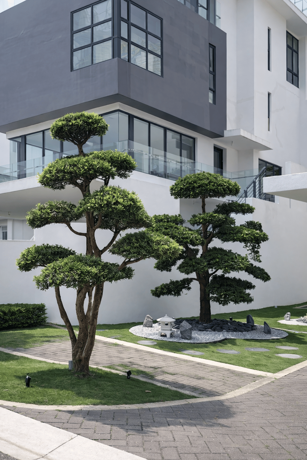Modern residential landscape design with sculpted garden trees and zen garden by Yie Yang Landscape