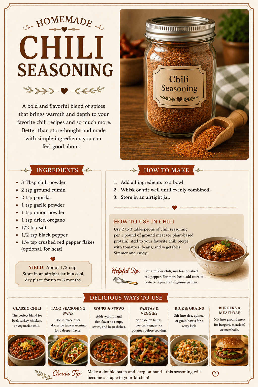 Recipe infographic for homemade chili seasoning featuring a list of spices, how to make instructions, and serving ideas.