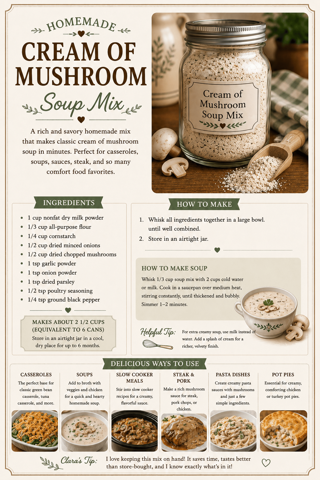 Recipe infographic for homemade cream of mushroom soup mix with ingredients list and instructions.