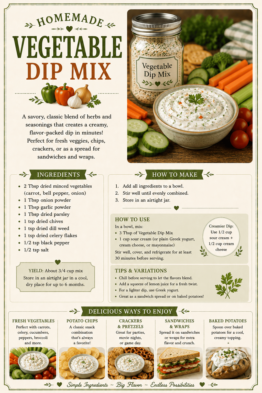 Infographic for a homemade vegetable dip mix recipe featuring ingredients, instructions, and serving suggestions with fresh