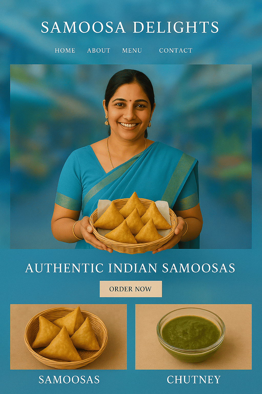 ain image of a website with a woman showcasing her samoosas