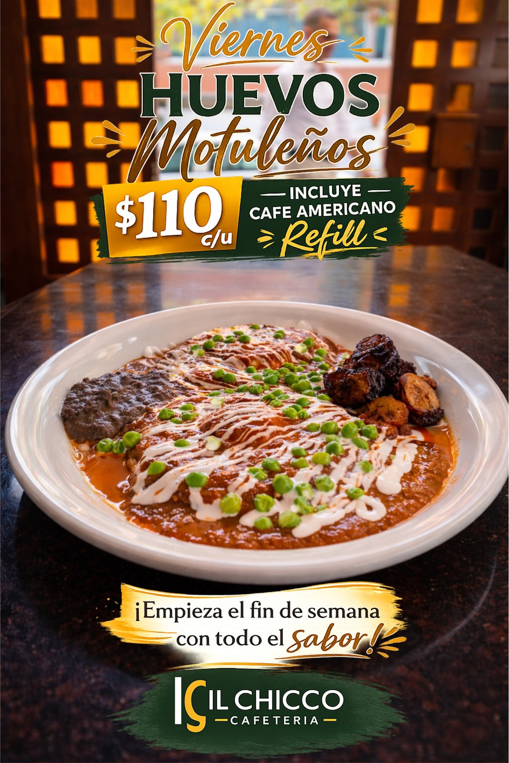 Huevos motuleños en promoción en IL CHICCO con frijoles, salsa y café americano servido en plato