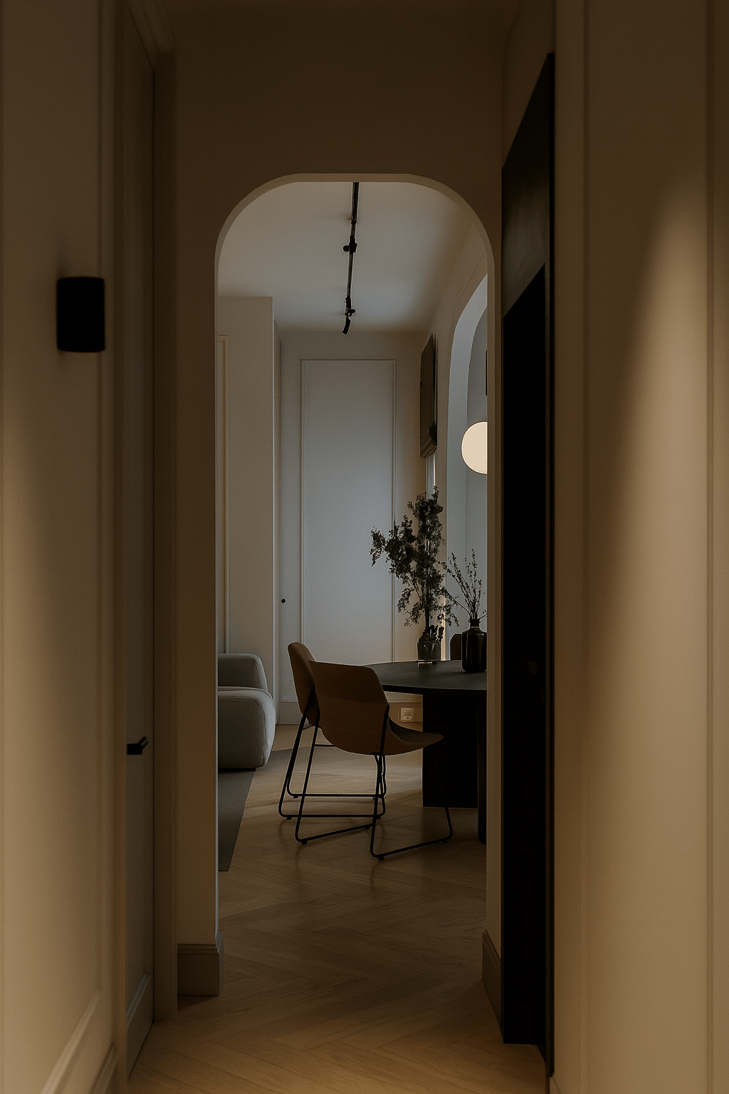 Couloir contemporain conçu par 1161 Studio à Alger, avec arches arrondies, éclairage linéaire suspen