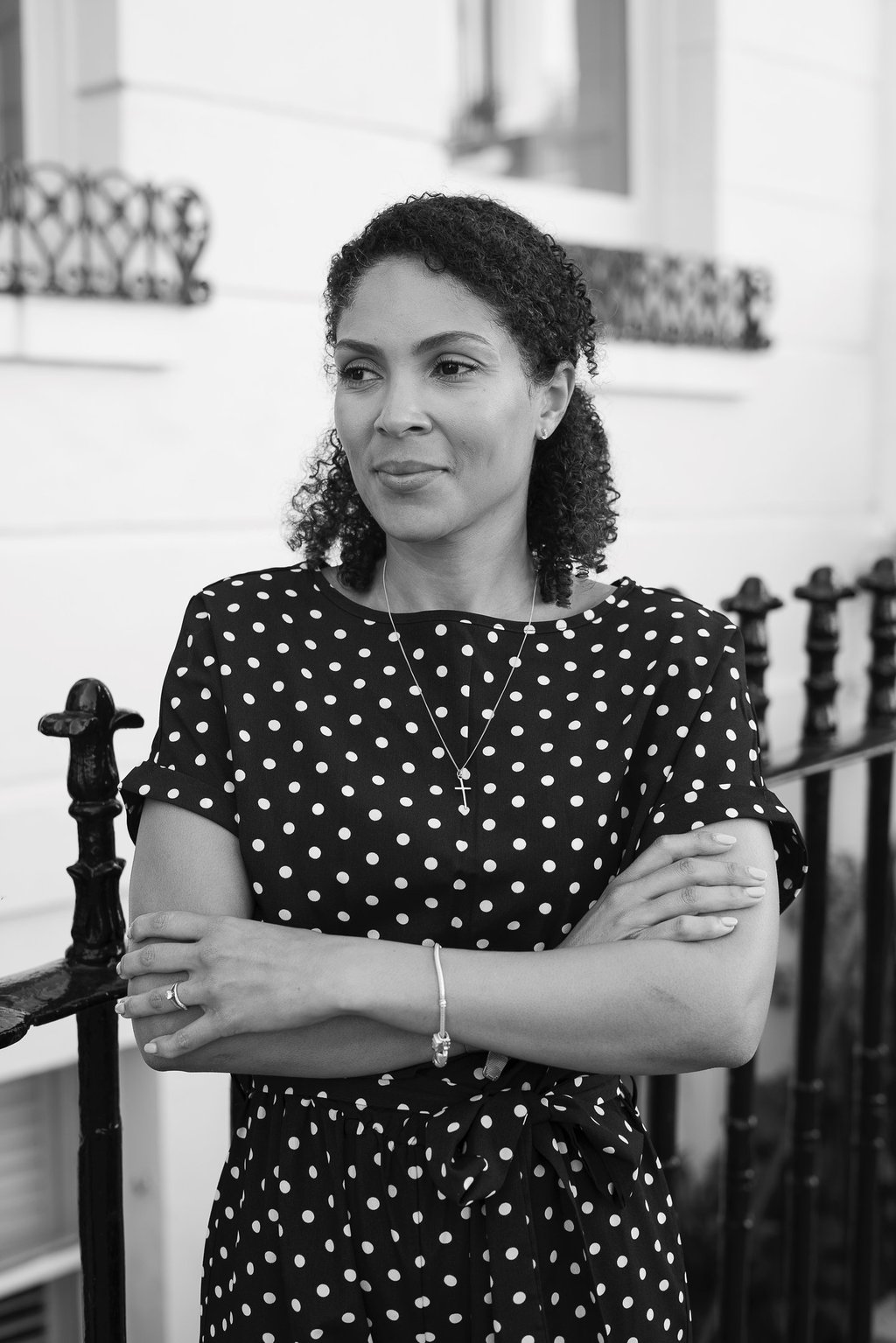 black and white image of a woman smiling