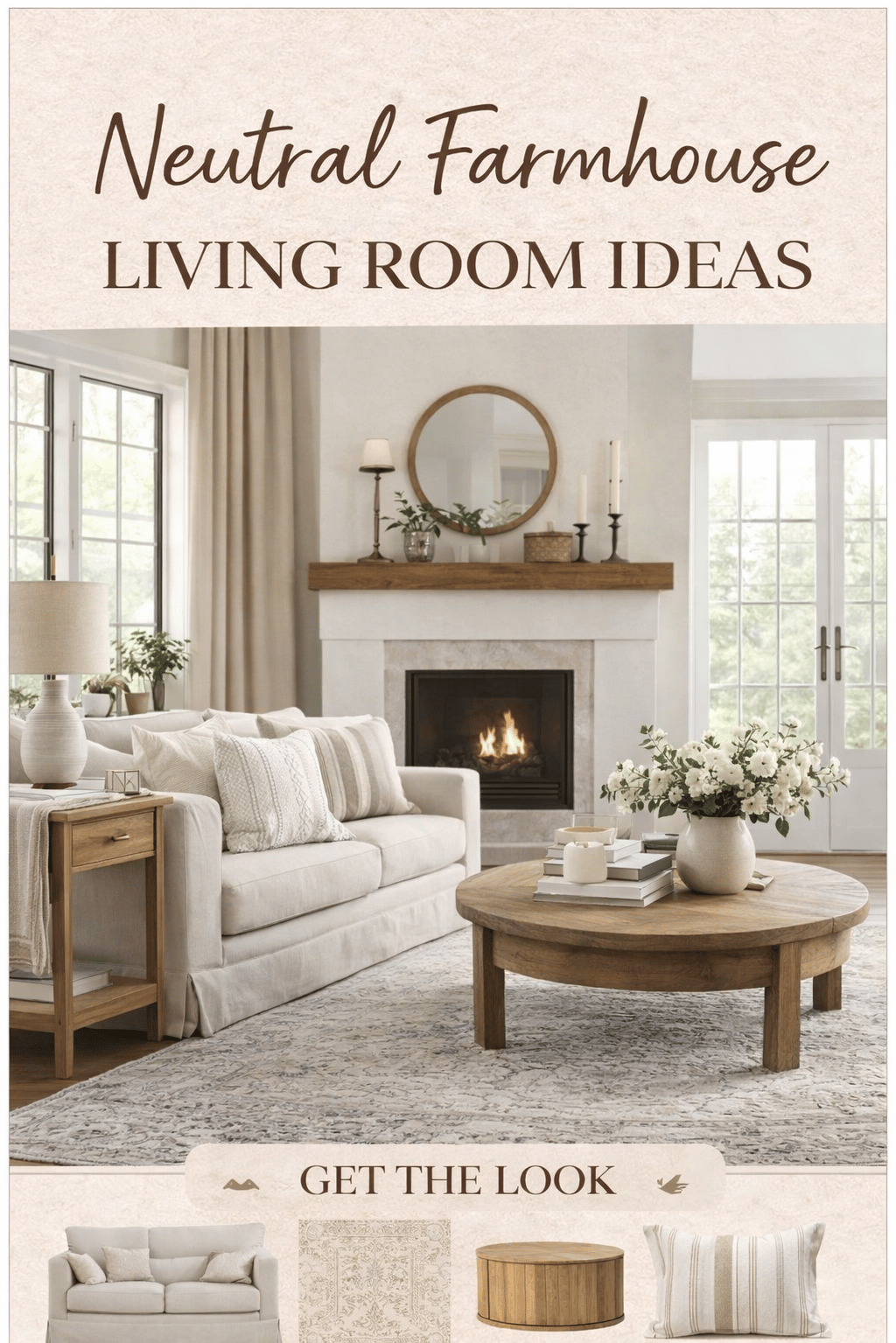 Neutral farmhouse living room ideas featuring cozy beige sofa, rustic wood coffee table, vintage rug