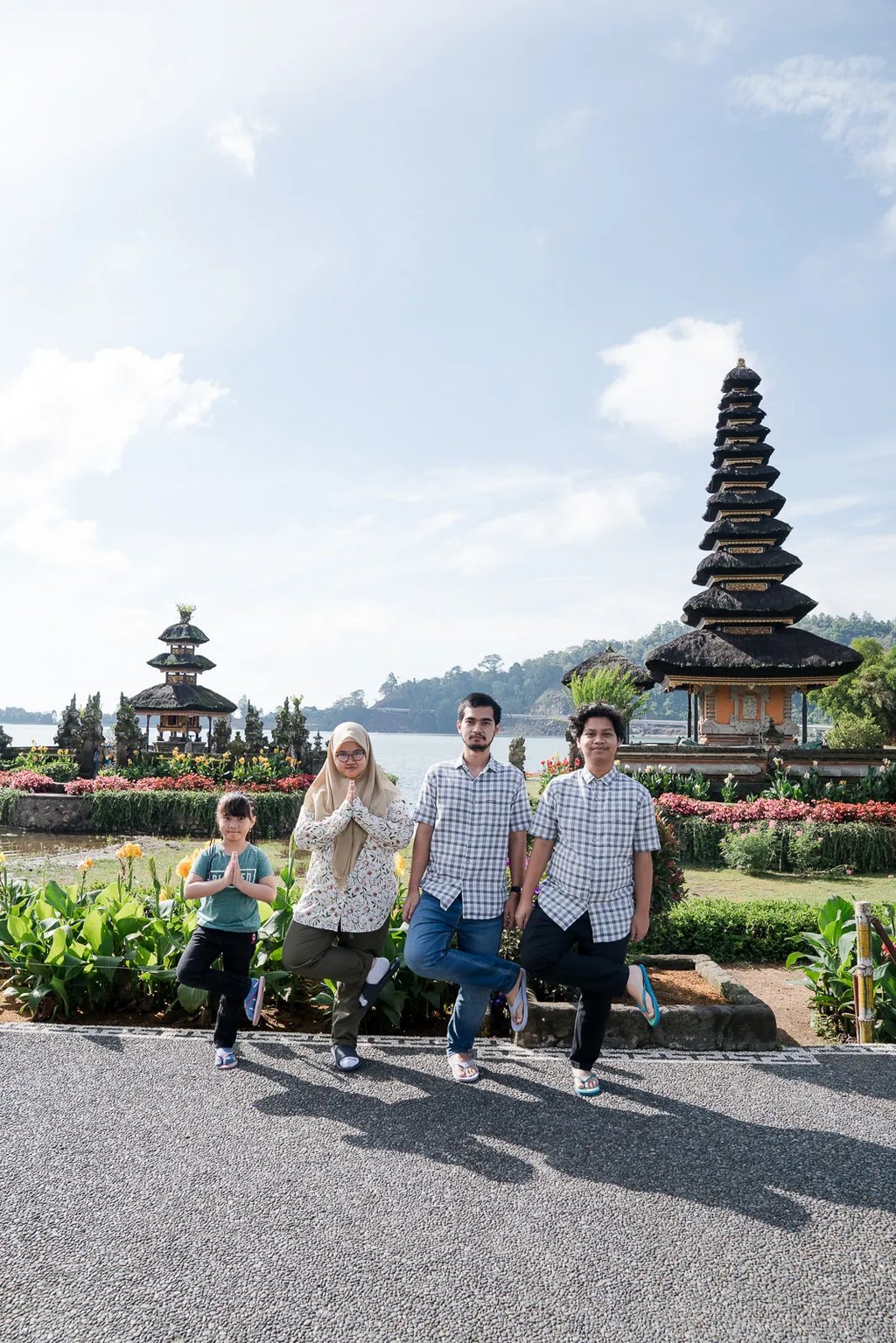 Iqbal family portrait with Ulun Danu Beratan Temple in the background at Bedugul Bali.