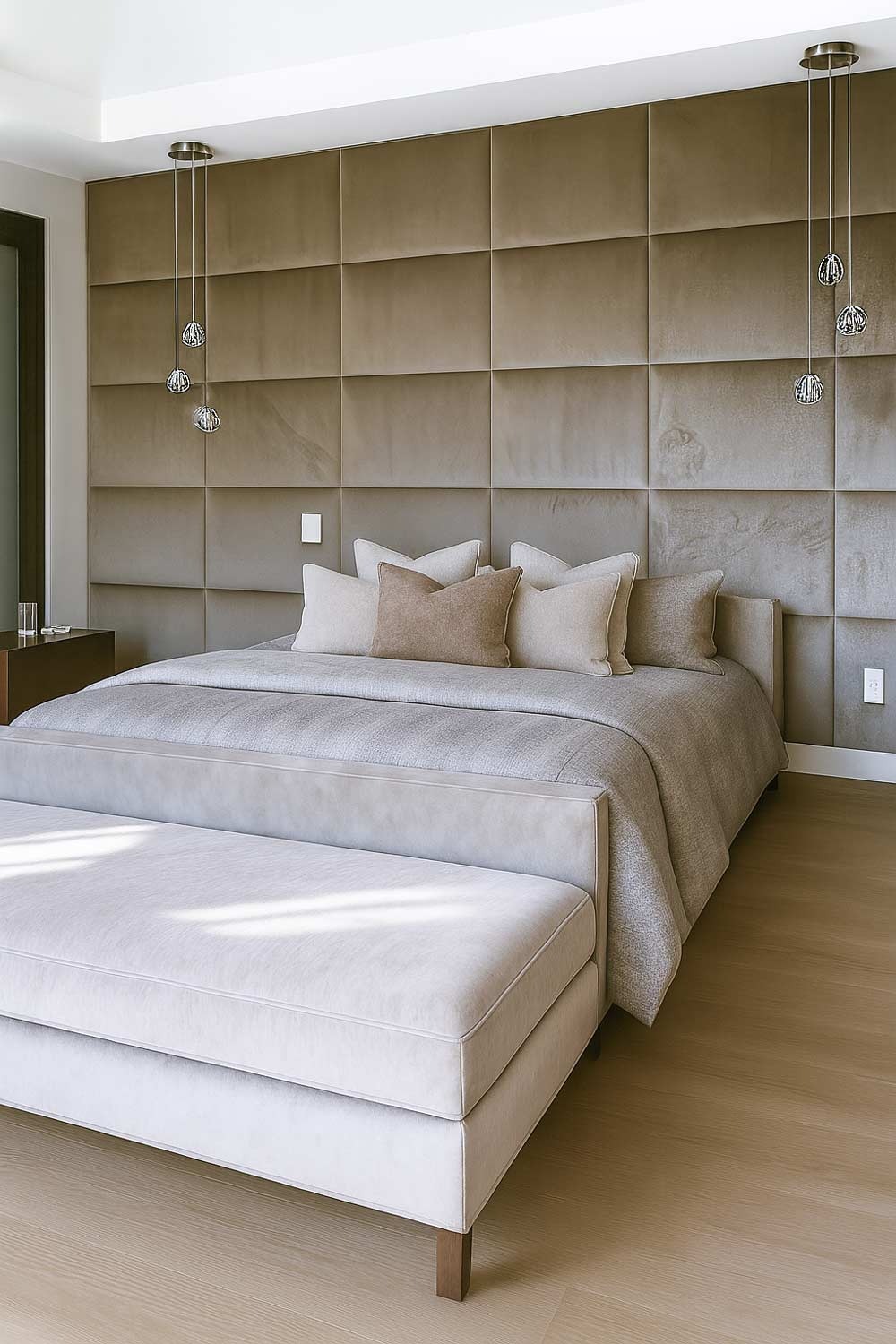 Modern bedroom with full-wall panels and a bench at the foot of a California king bed by Solo Home Decor