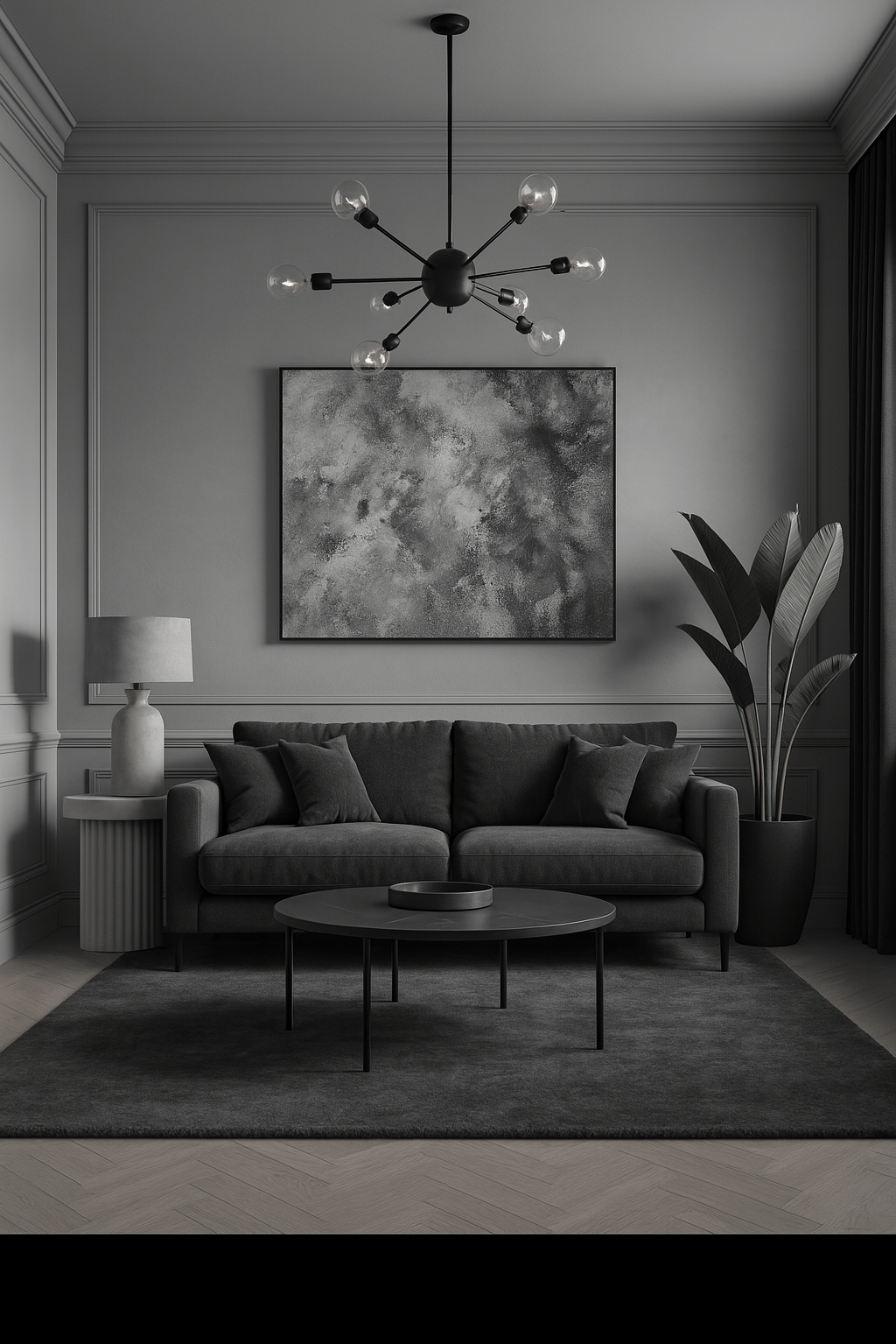Modern minimalist living room featuring a dark grey sofa, sputnik chandelier, and abstract wall art.