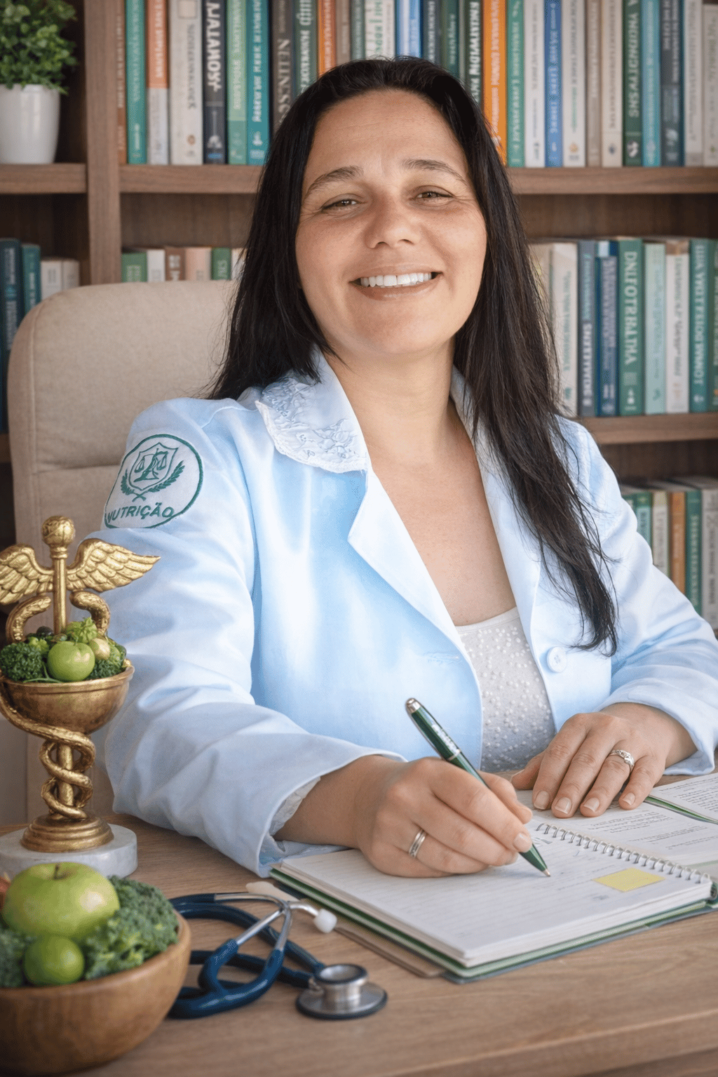 Smiling female nutritionist in a white lab coat writing a meal plan at her desk with healthy food.