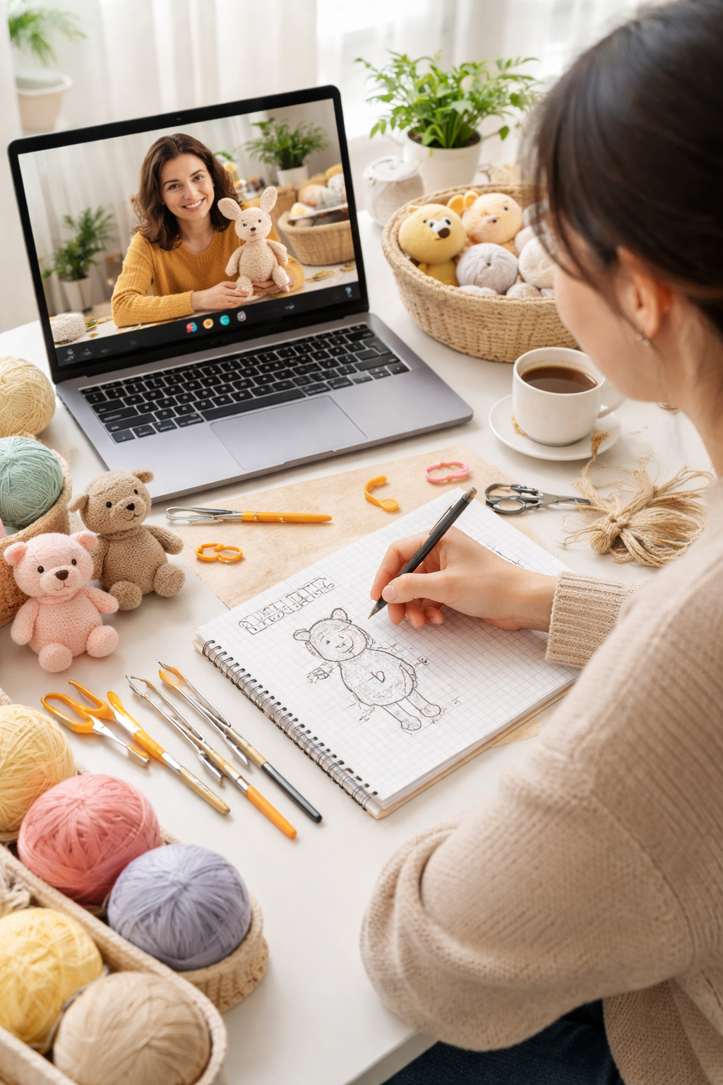 Mujer tomando una clase online de amigurumi mientras diseña el patrón de un oso en su laptop.