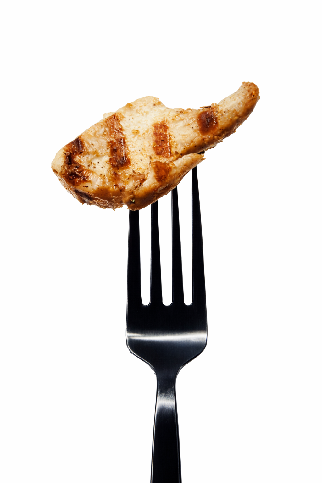 A single piece of grilled chicken breast with char marks on a metal fork, isolated on white.