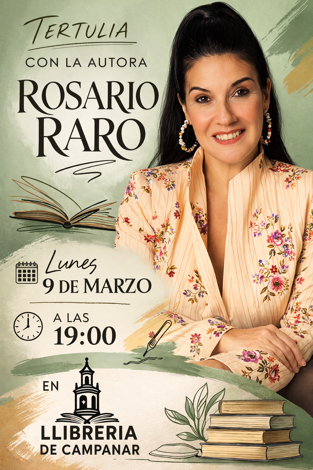 Event poster for a literary gathering with author Rosario Raro at Llibreria de Campanar.