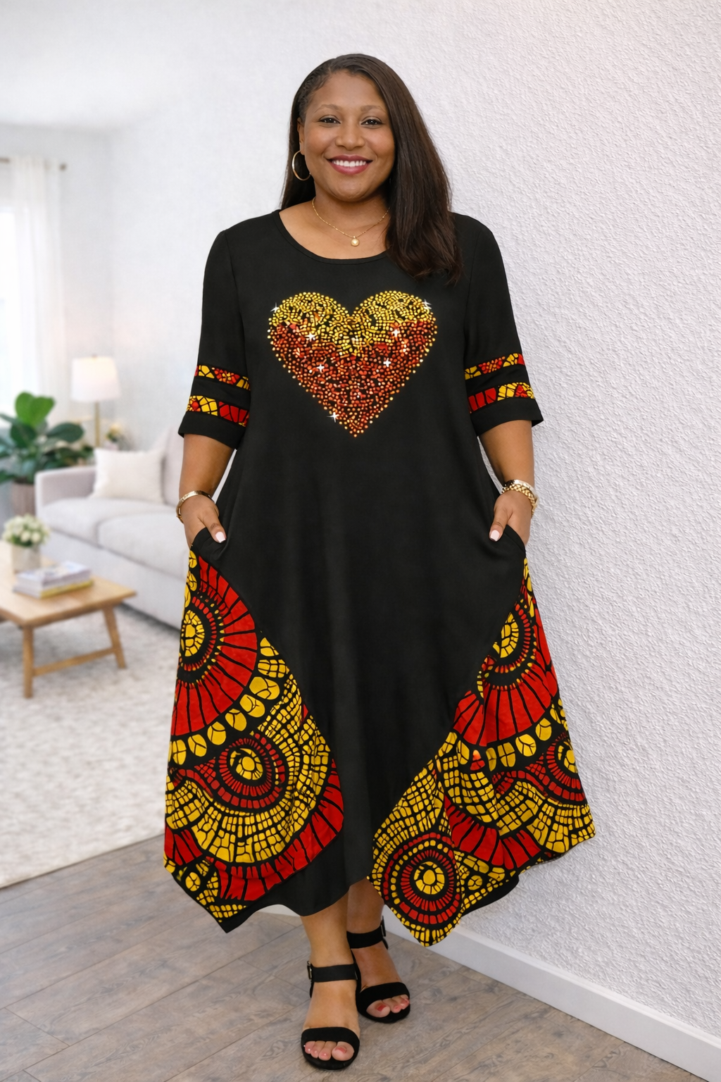 Front view of Ankara Panel-Trim Midi Dress