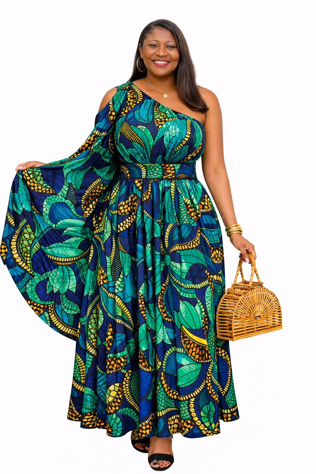 Front view of Bold One-Shoulder Ankara Dress with Asymmetric Design