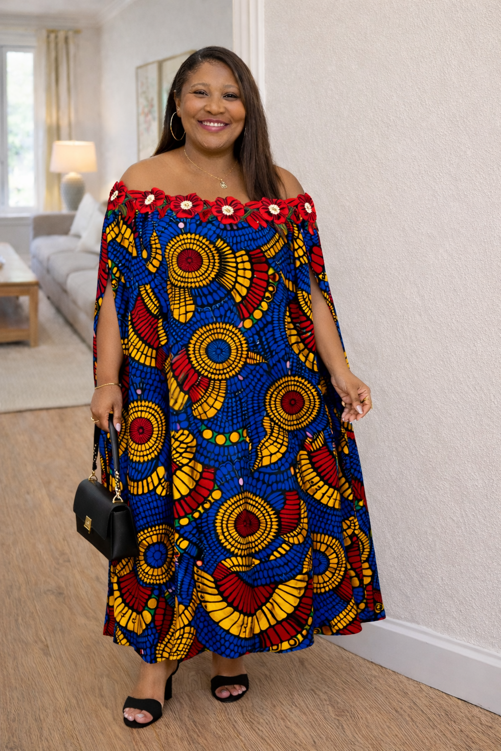 Front view of Ankara Off-Shoulder Cape Dress