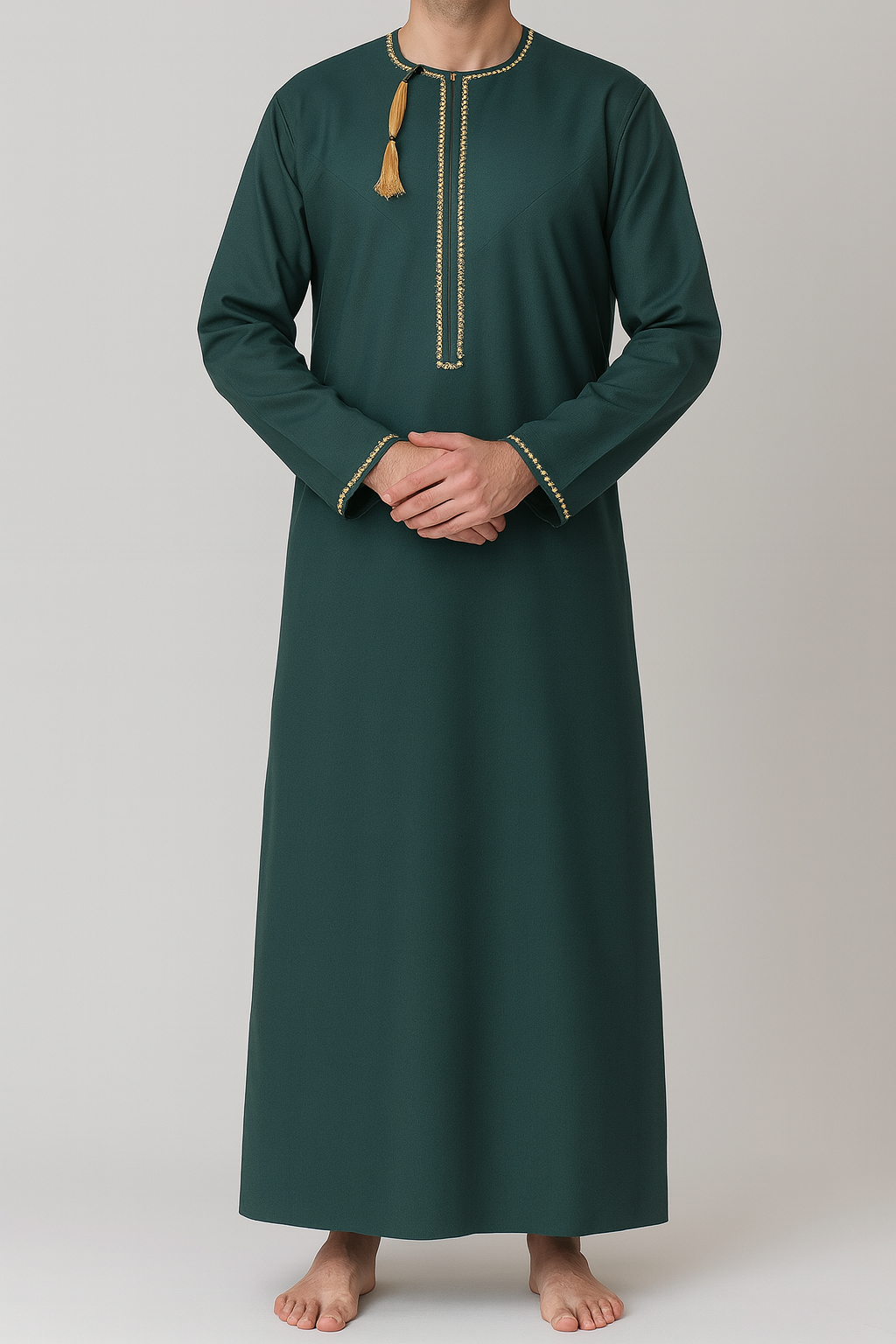 a man in a green dress with a gold tassell