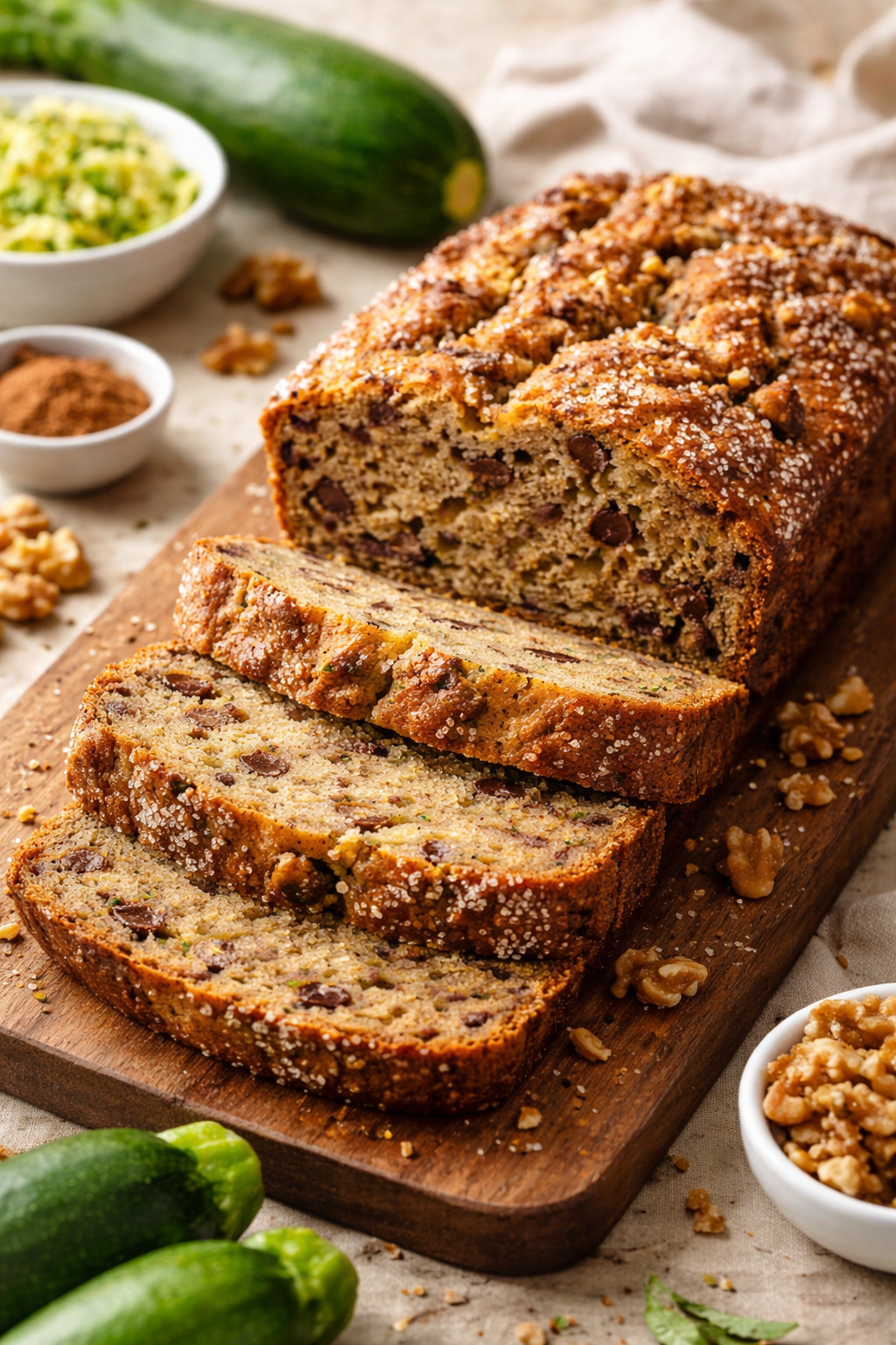 Sliced homemade zucchini bread with chocolate chips and walnuts on a wooden board.