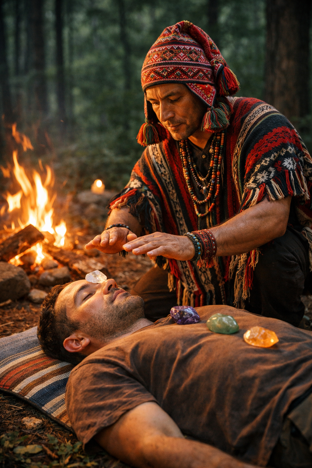 Representação da cura com as pedras e mãos