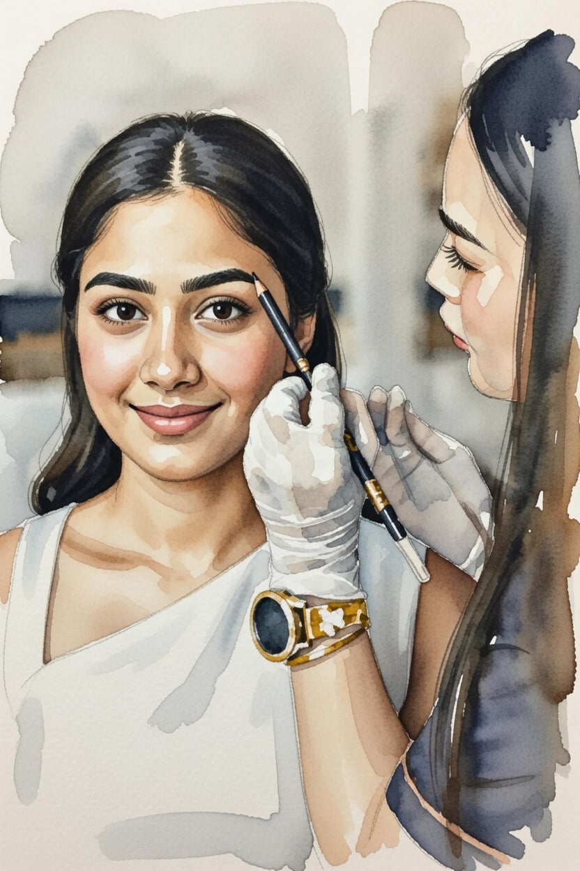 Aquarelillustratie: Saranya brengt PMU wenkbrauwen aan bij glimlachende klant